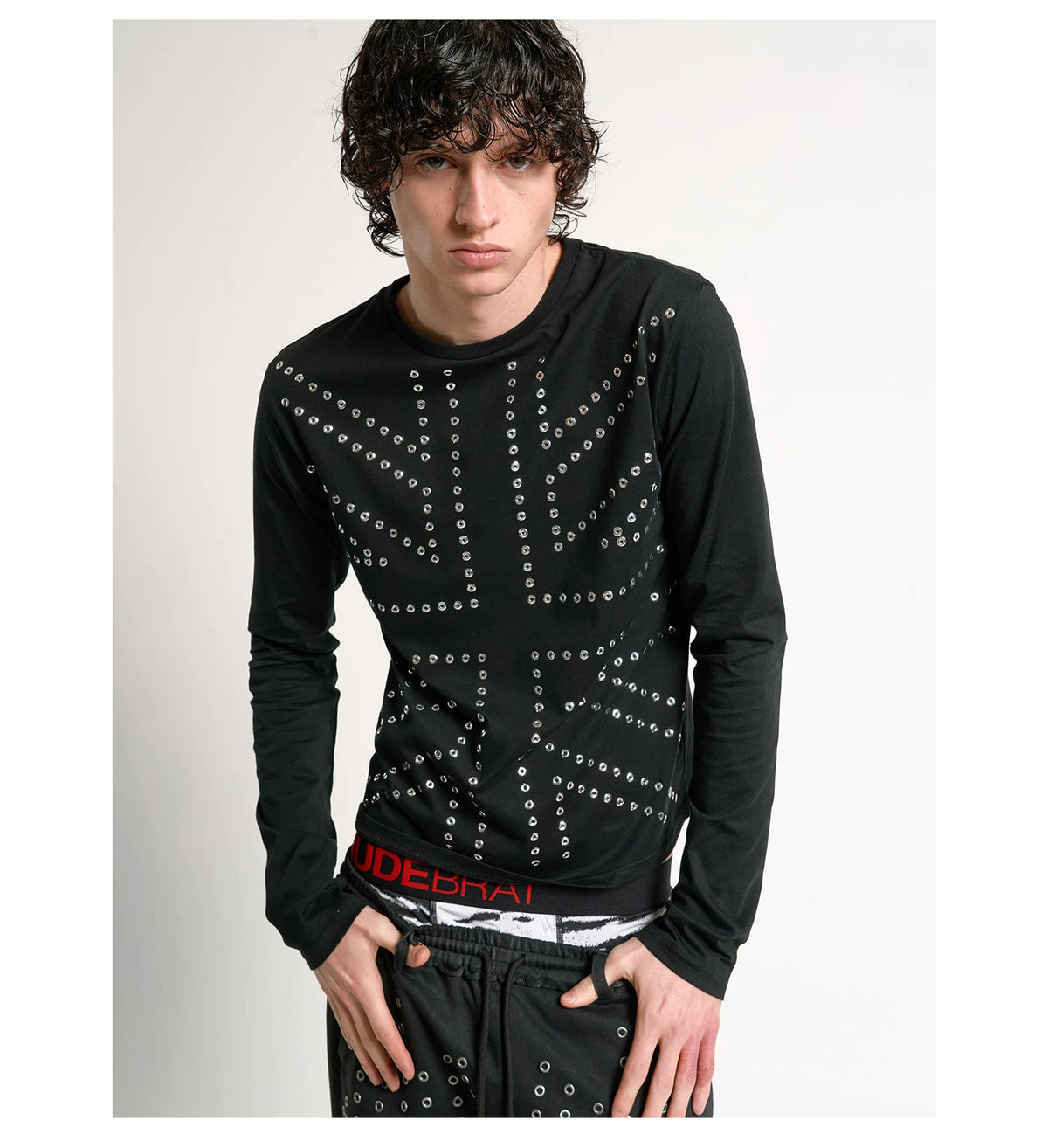 Silver Studded Union Jack Slim Long Sleeve Tee - Black front close-up