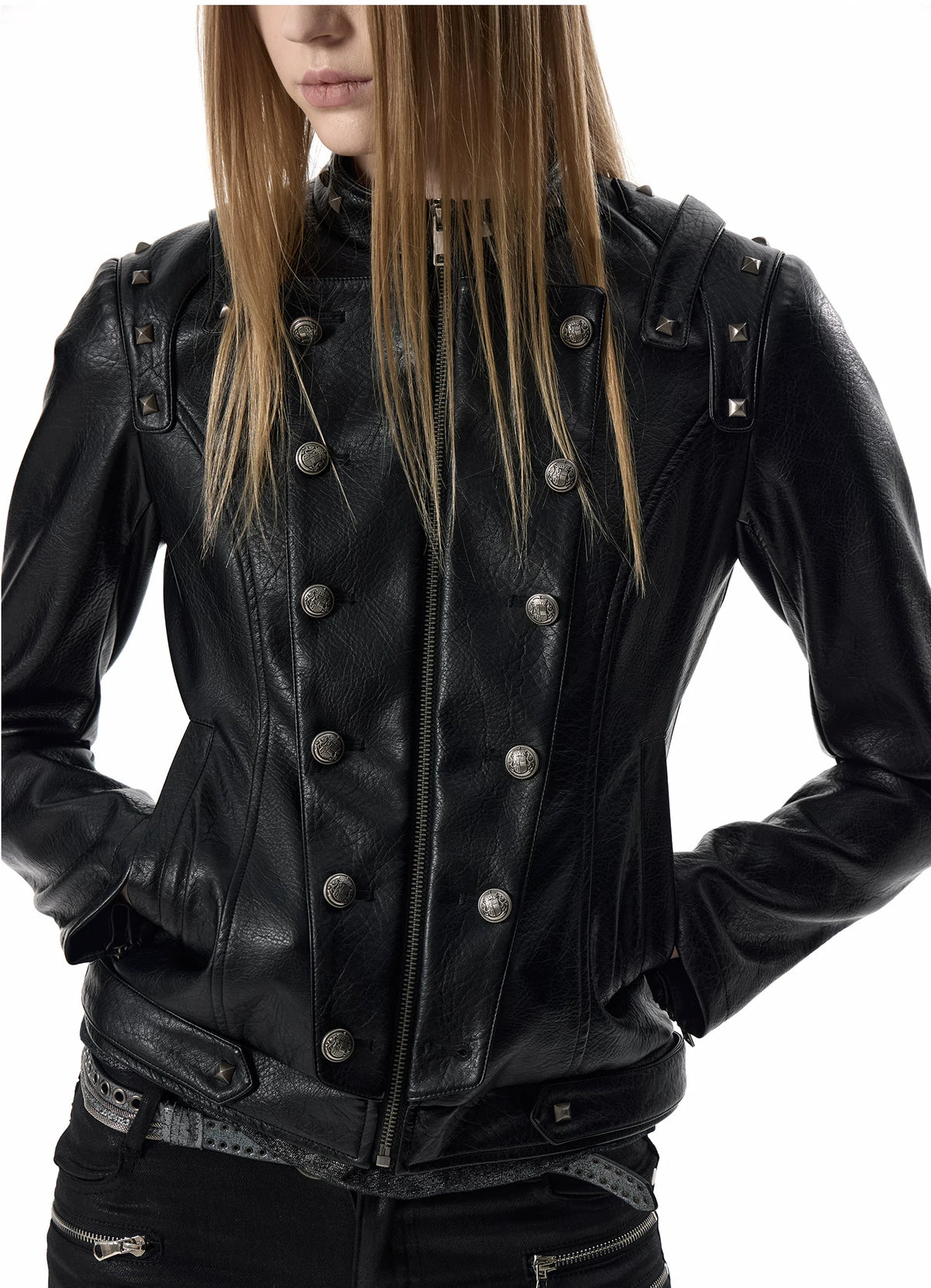 Studded Double-Breasted Napoleon Faux Leather Jacket - Black close-up of studs and buttons