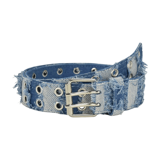 Distressed Denim Eyelet Studded Belt