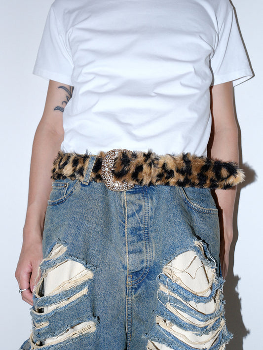 Y2K 復古仿皮草豹紋水鑽腰帶