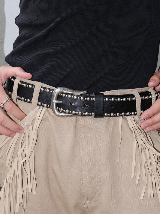 真皮混合鉚釘雕花帶扣腰帶