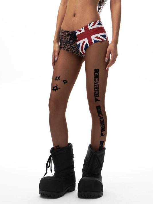 破洞字母印花透明棕色褲襪