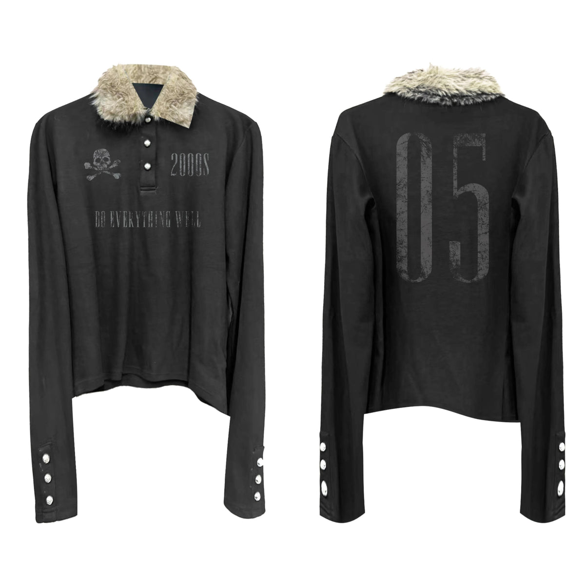 Faux Fur Collar Cropped Long Sleeve Polo - Black front and back flat lay