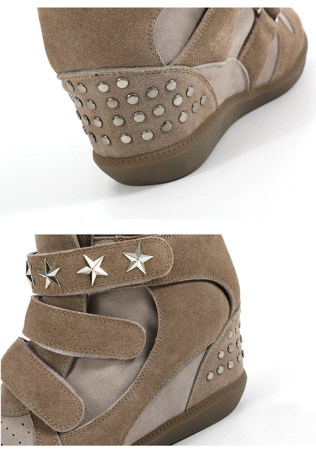 noEmosen Star Studded High-Top Wedge Sneakers - Brown suede studded heel and star strap detail