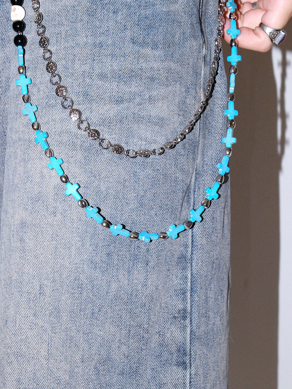 藍色骷髏十字架鉚釘褲鏈