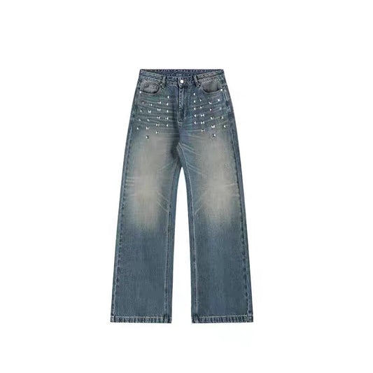 Distressed Whiskered Baggy Straight Jeans