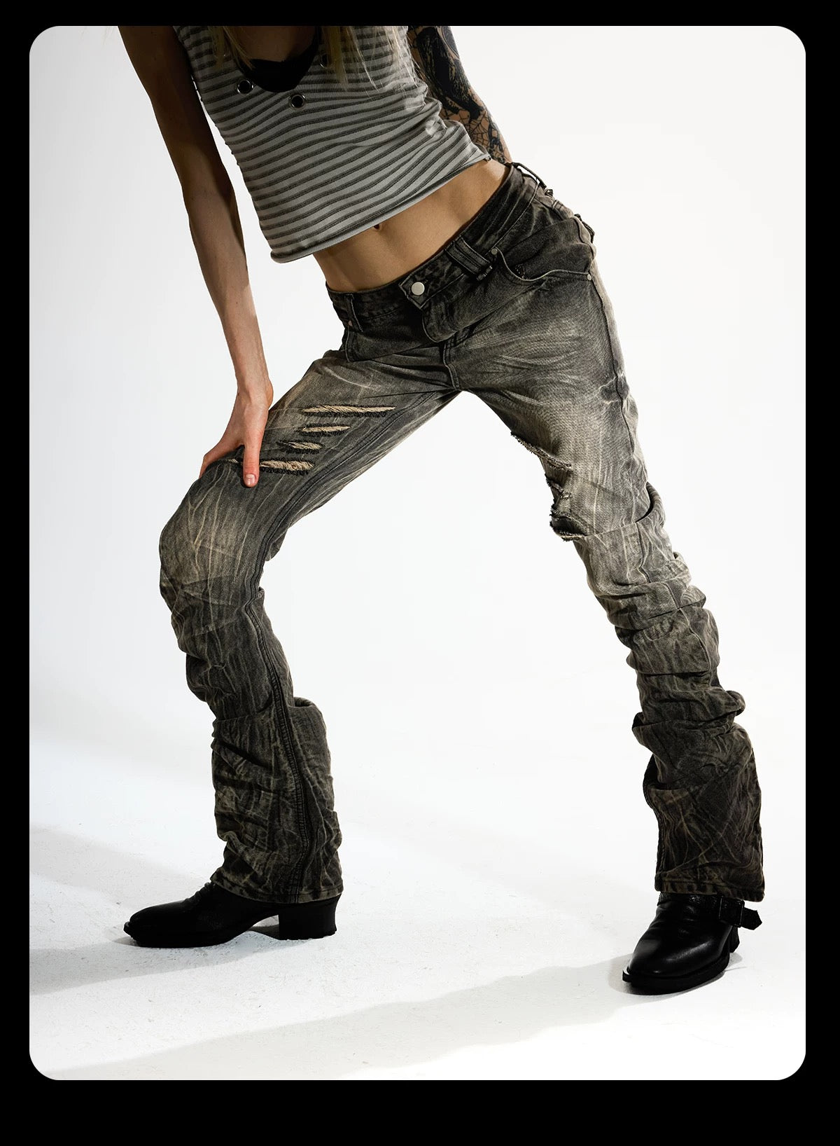 Night Lab 2026 "Banana Cut" Khaki Denim - Vintage Rock Aesthetic Slim Stacked Trousers