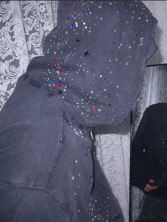 水鑽星空做舊拉鍊夾克