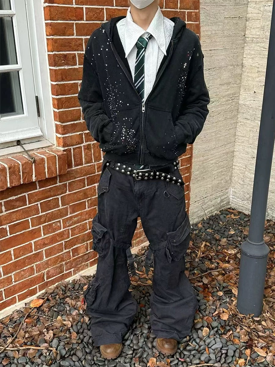 水鑽星空做舊拉鍊夾克