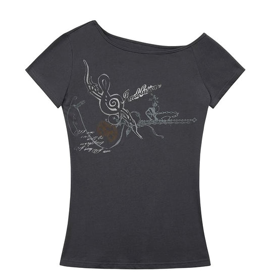 棉質露肩修身龐克印花T卹