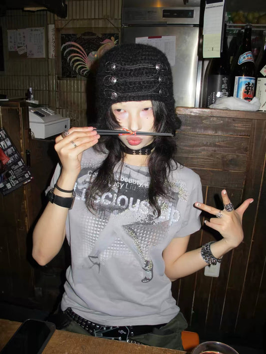 Night Lab 2026 "Lucy" Portrait Baby Tee - Y2K Slim Fit Ash Grey Graphic Top