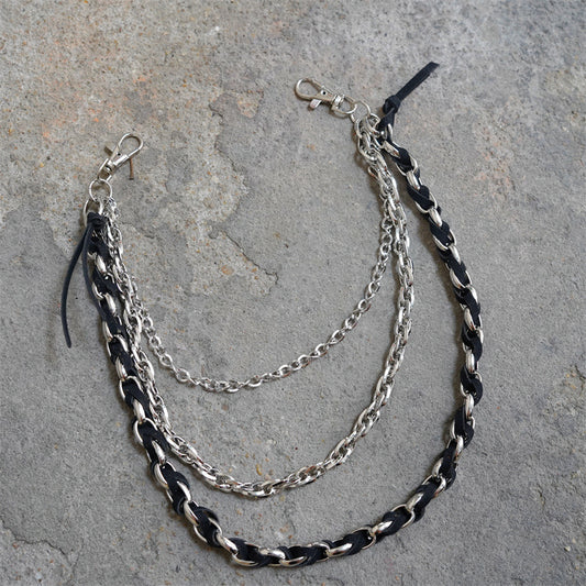 編織皮革三重鏈金屬鉤褲鏈