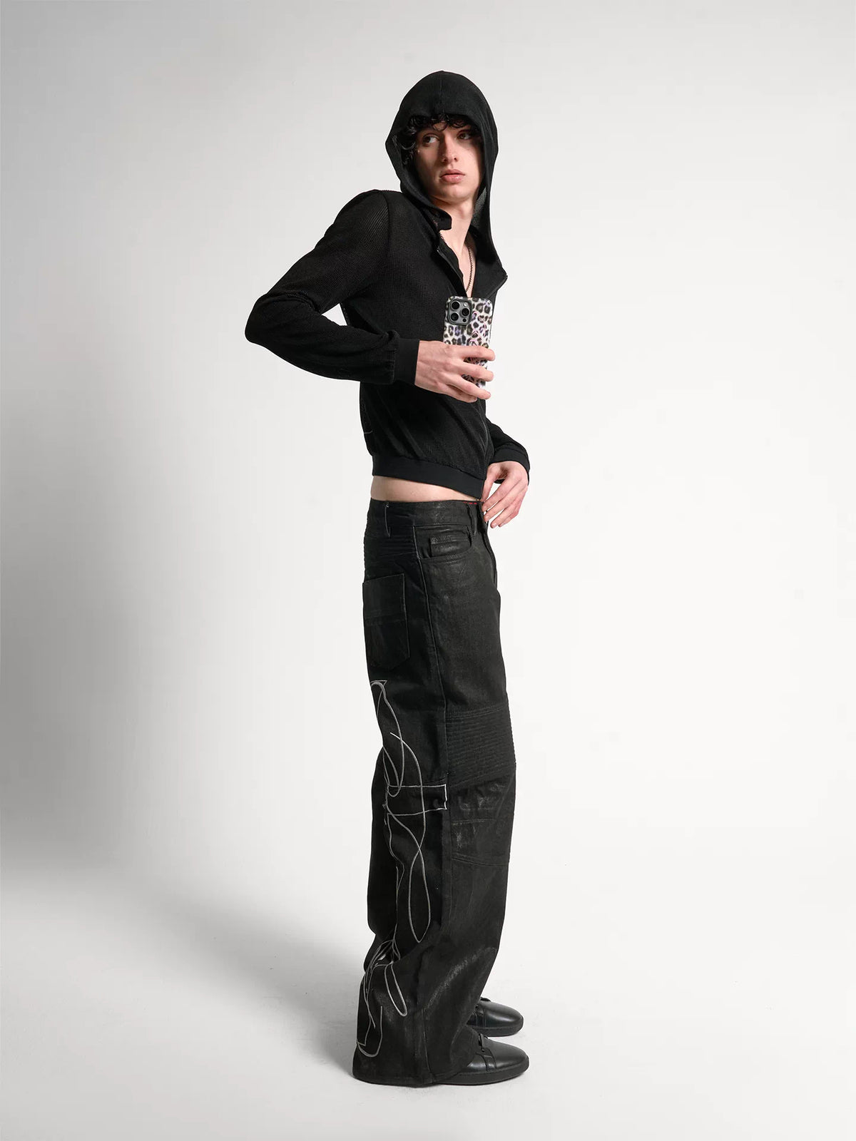 Waxed Embroidered Moto Baggy Straight Jeans - Black side view