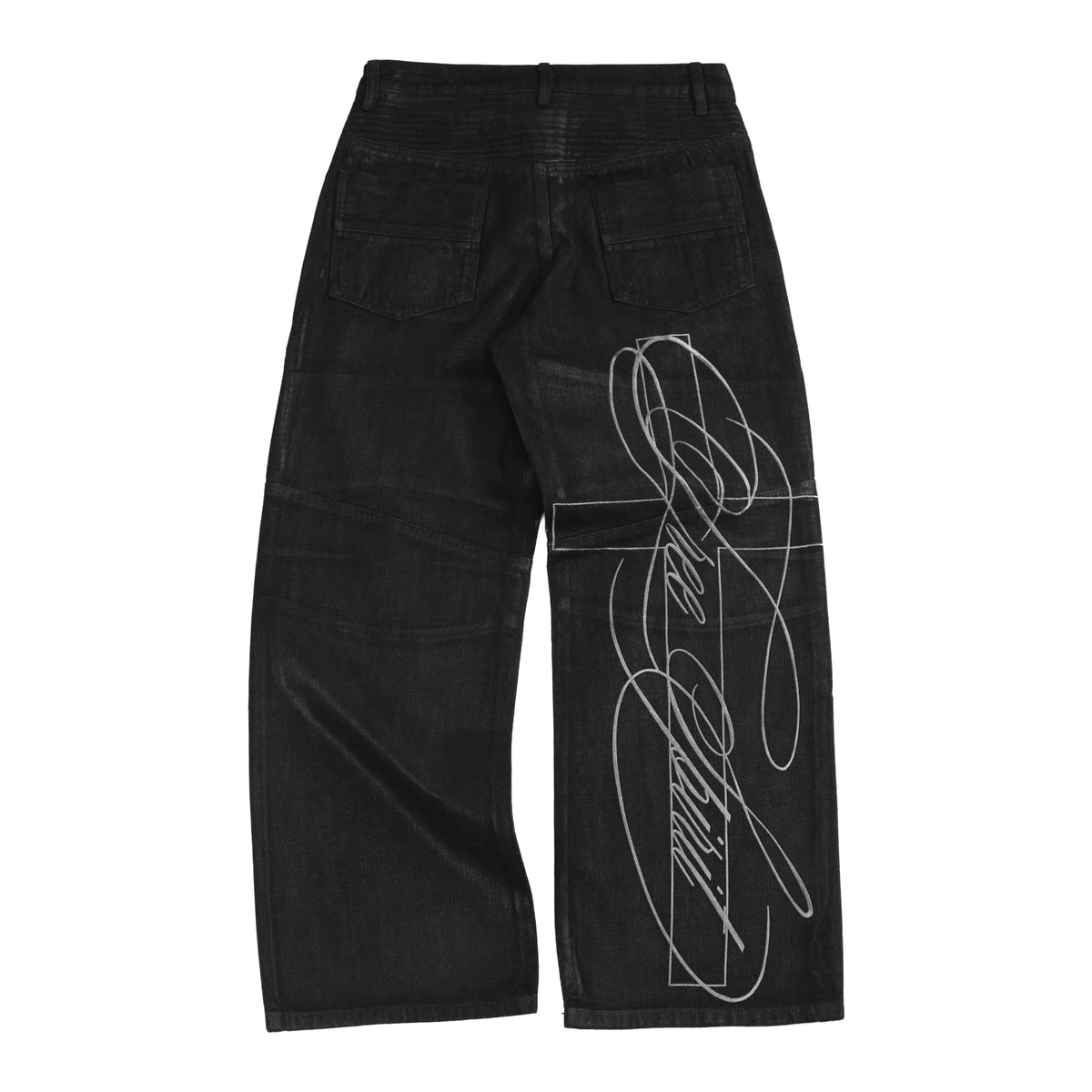 Waxed Embroidered Moto Baggy Straight Jeans - Black flat lay back