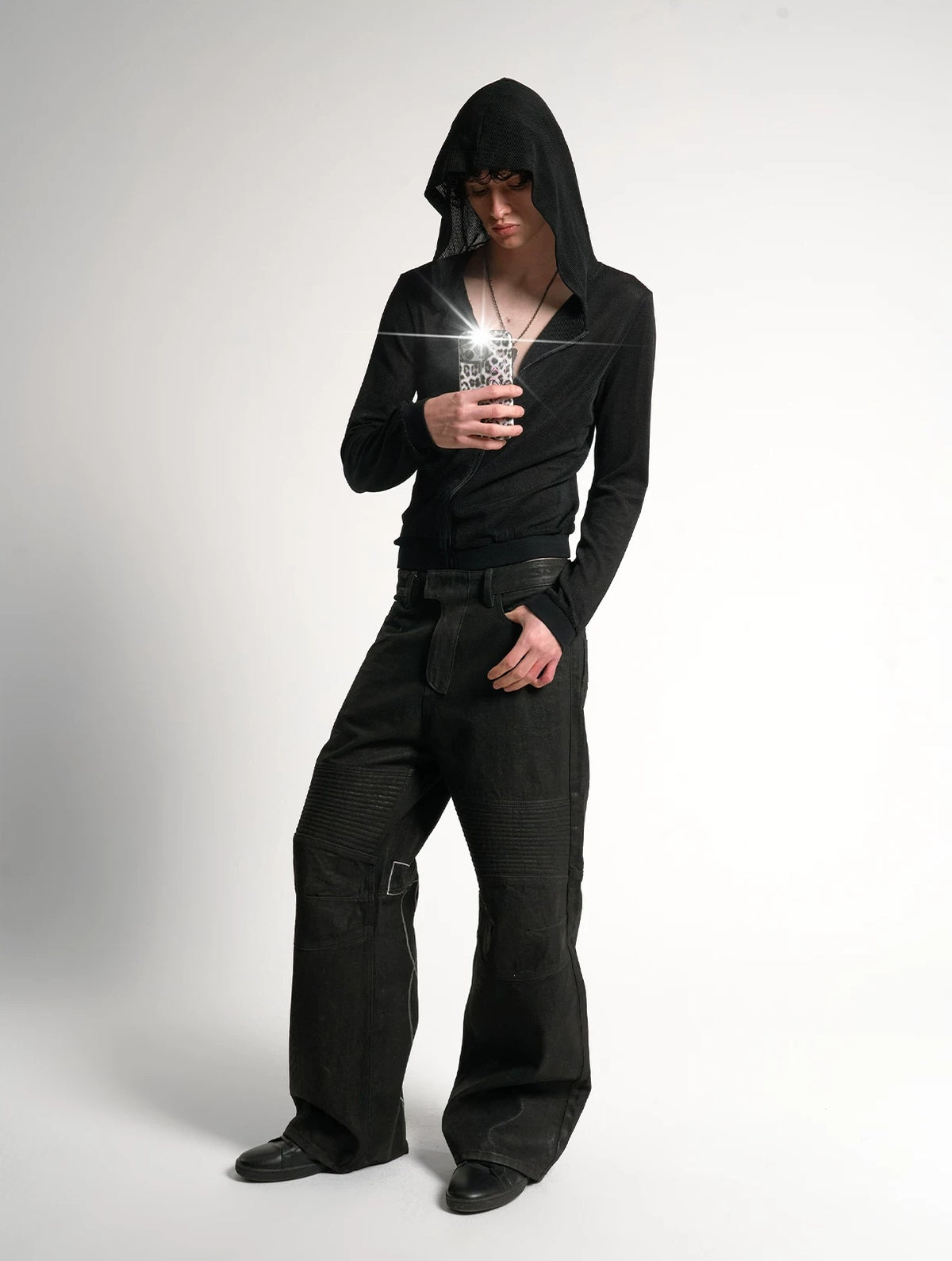 Waxed Embroidered Moto Baggy Straight Jeans - Black front view