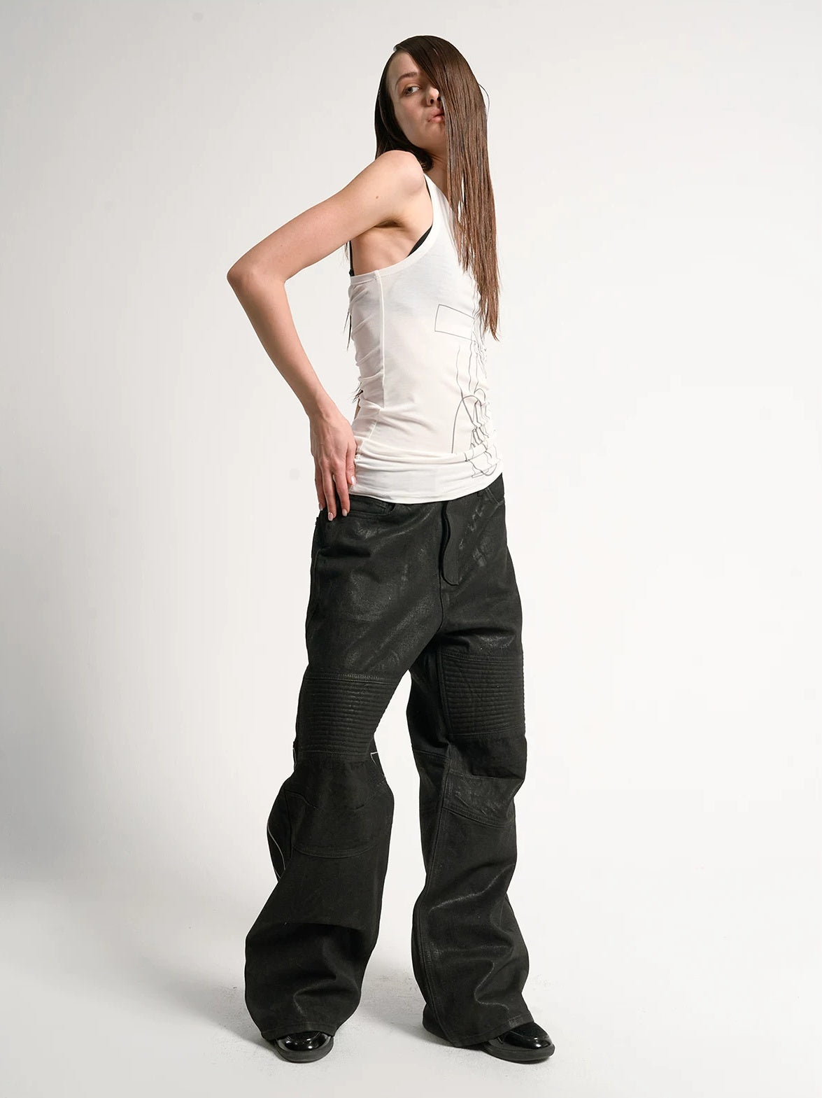 Waxed Embroidered Moto Baggy Straight Jeans - Black front view on model
