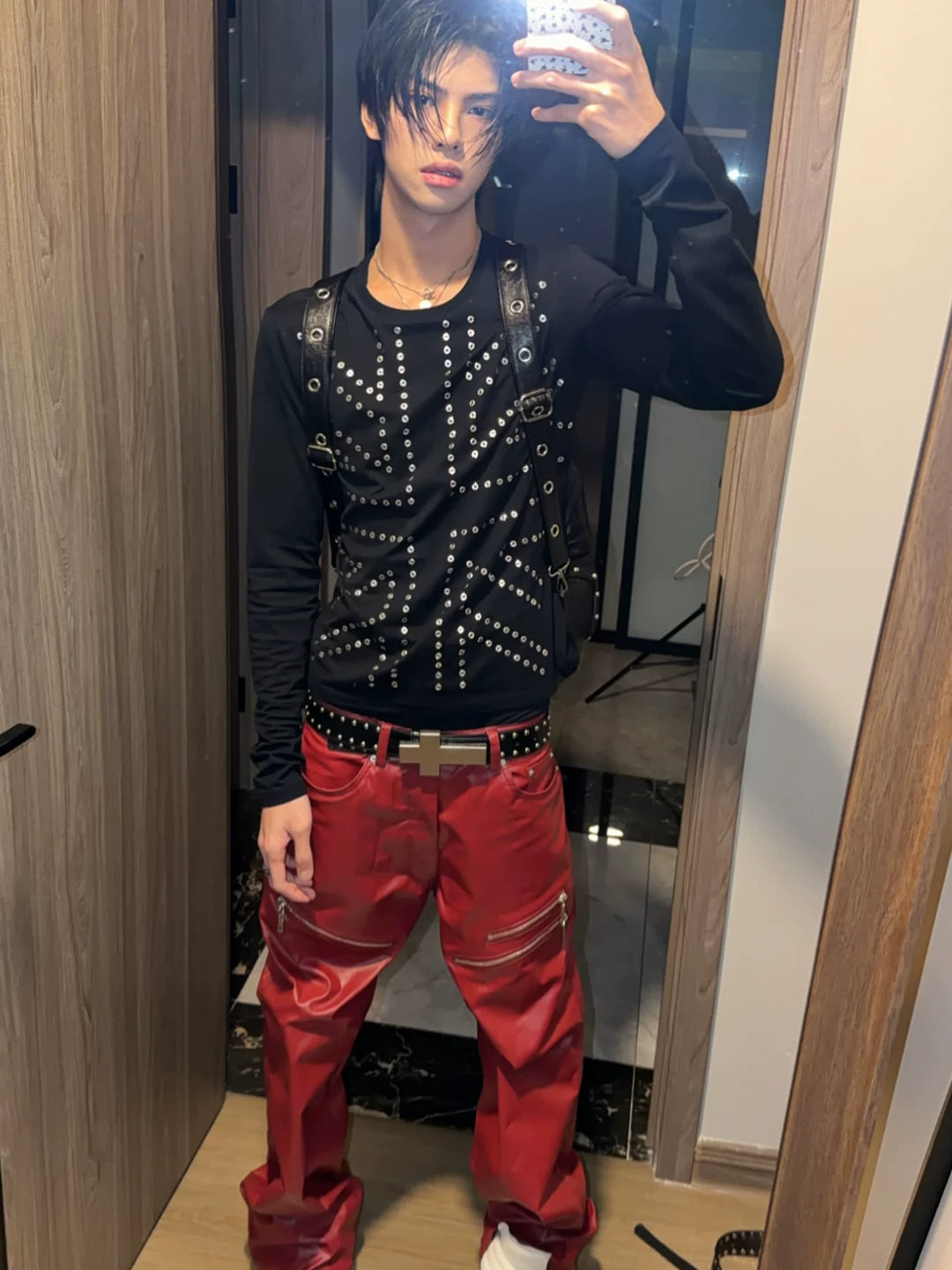 Silver Studded Union Jack Slim Long Sleeve Tee - Black mirror selfie