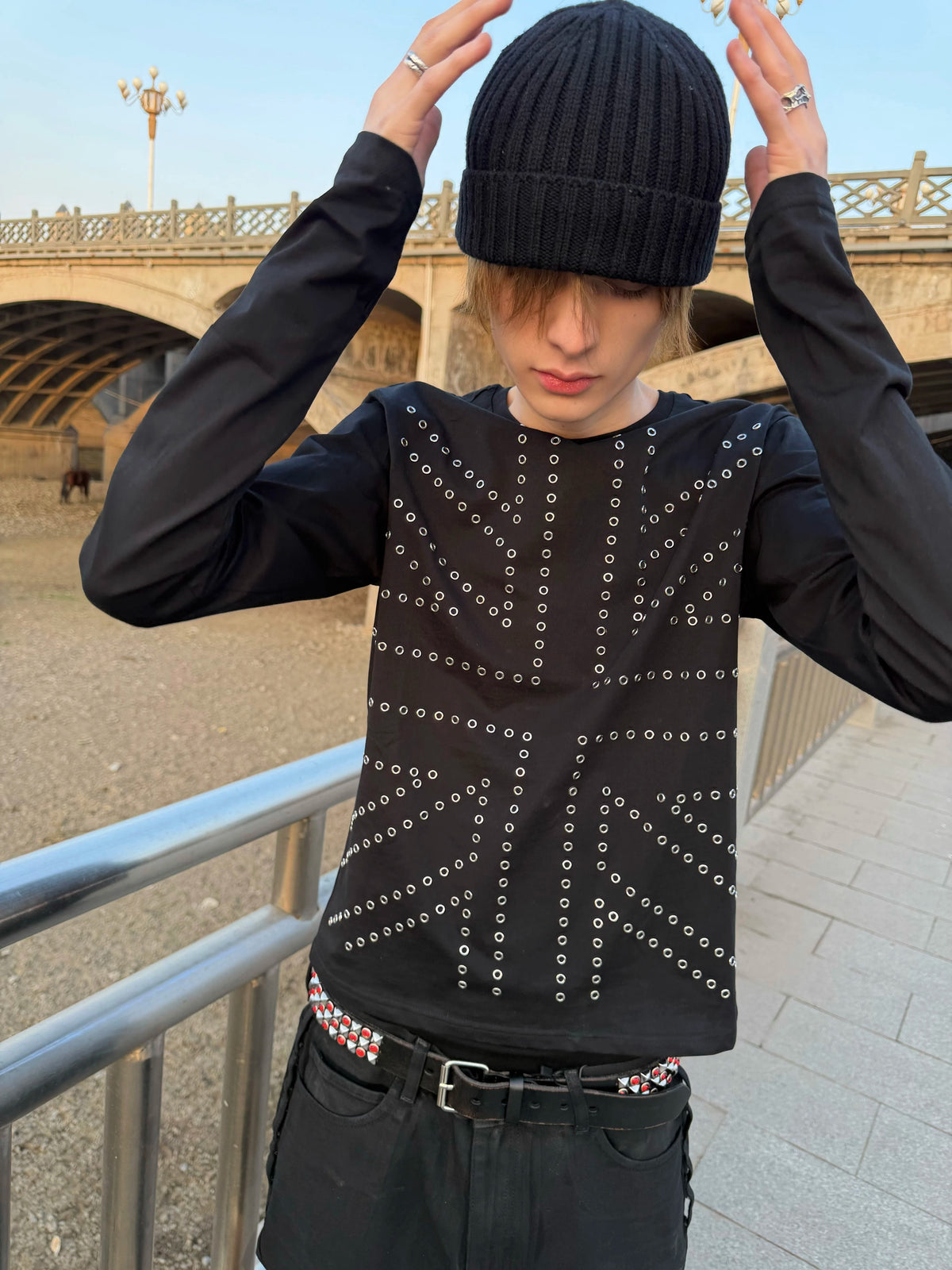 Silver Studded Union Jack Slim Long Sleeve Tee - Black street look