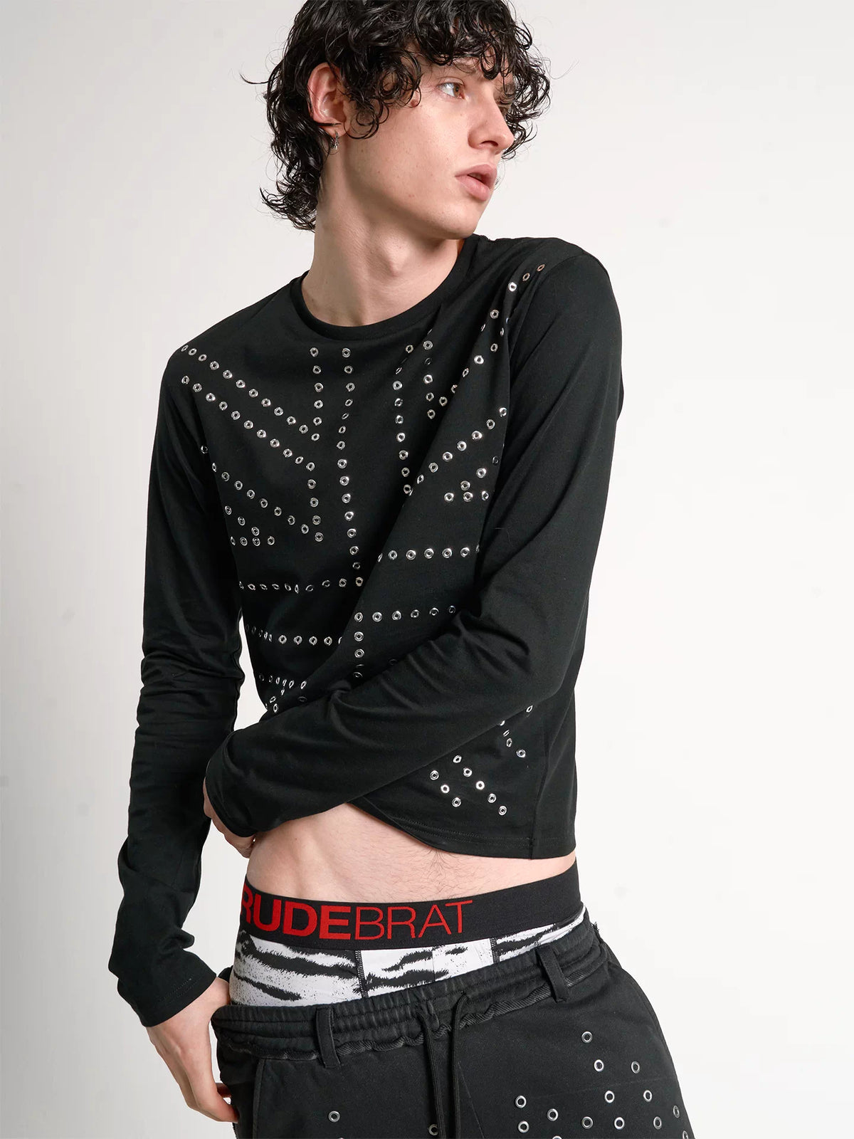 Silver Studded Union Jack Slim Long Sleeve Tee - Black front