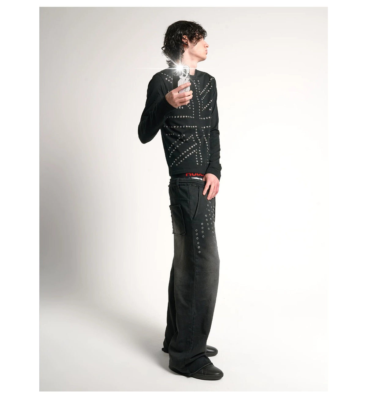 Silver Studded Union Jack Slim Long Sleeve Tee - Black full body