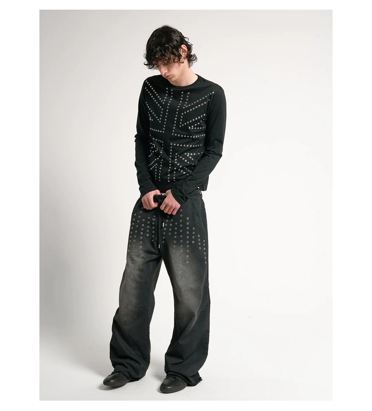 Silver Studded Union Jack Slim Long Sleeve Tee - Black full body front