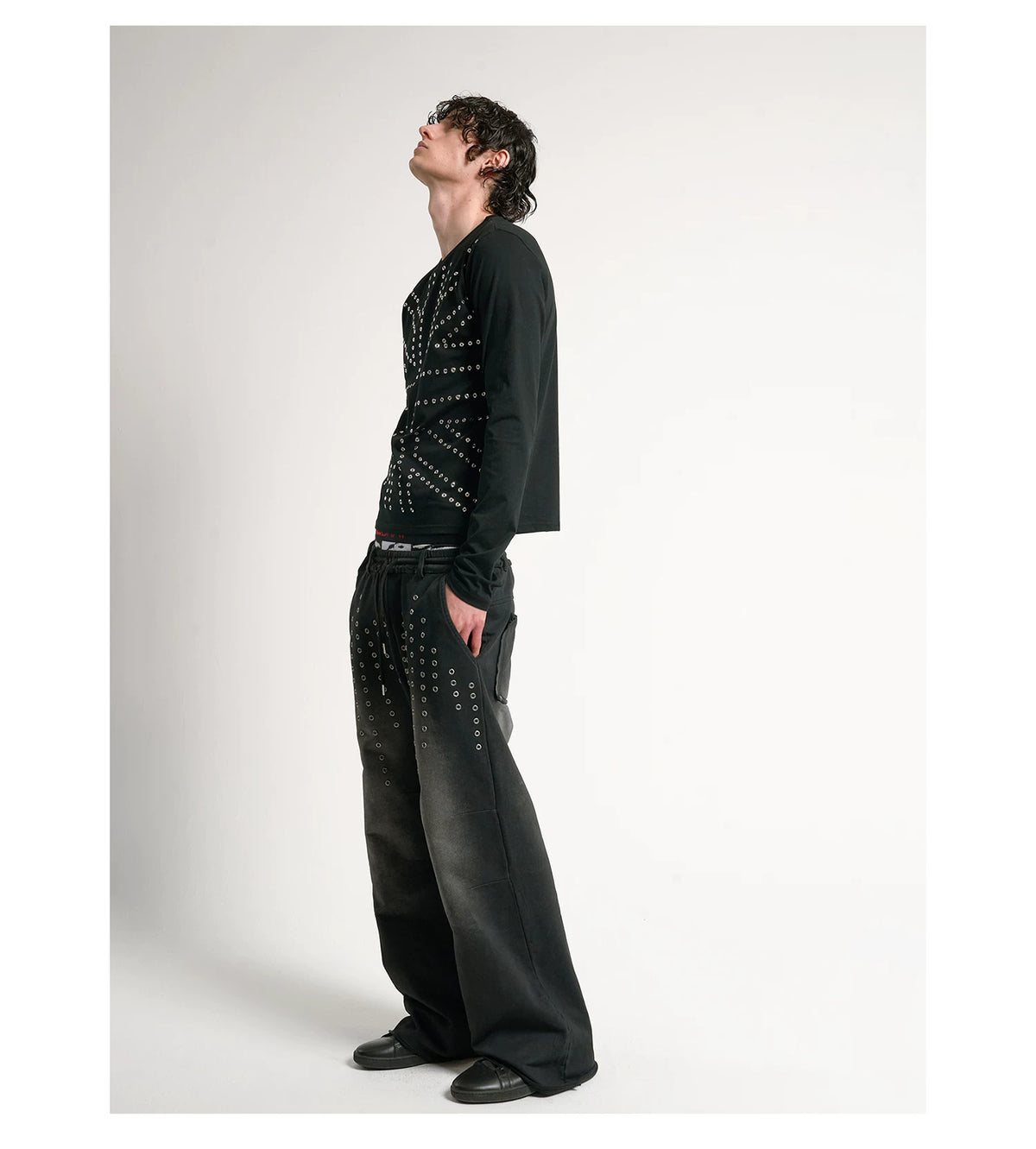 Silver Studded Union Jack Slim Long Sleeve Tee - Black side view