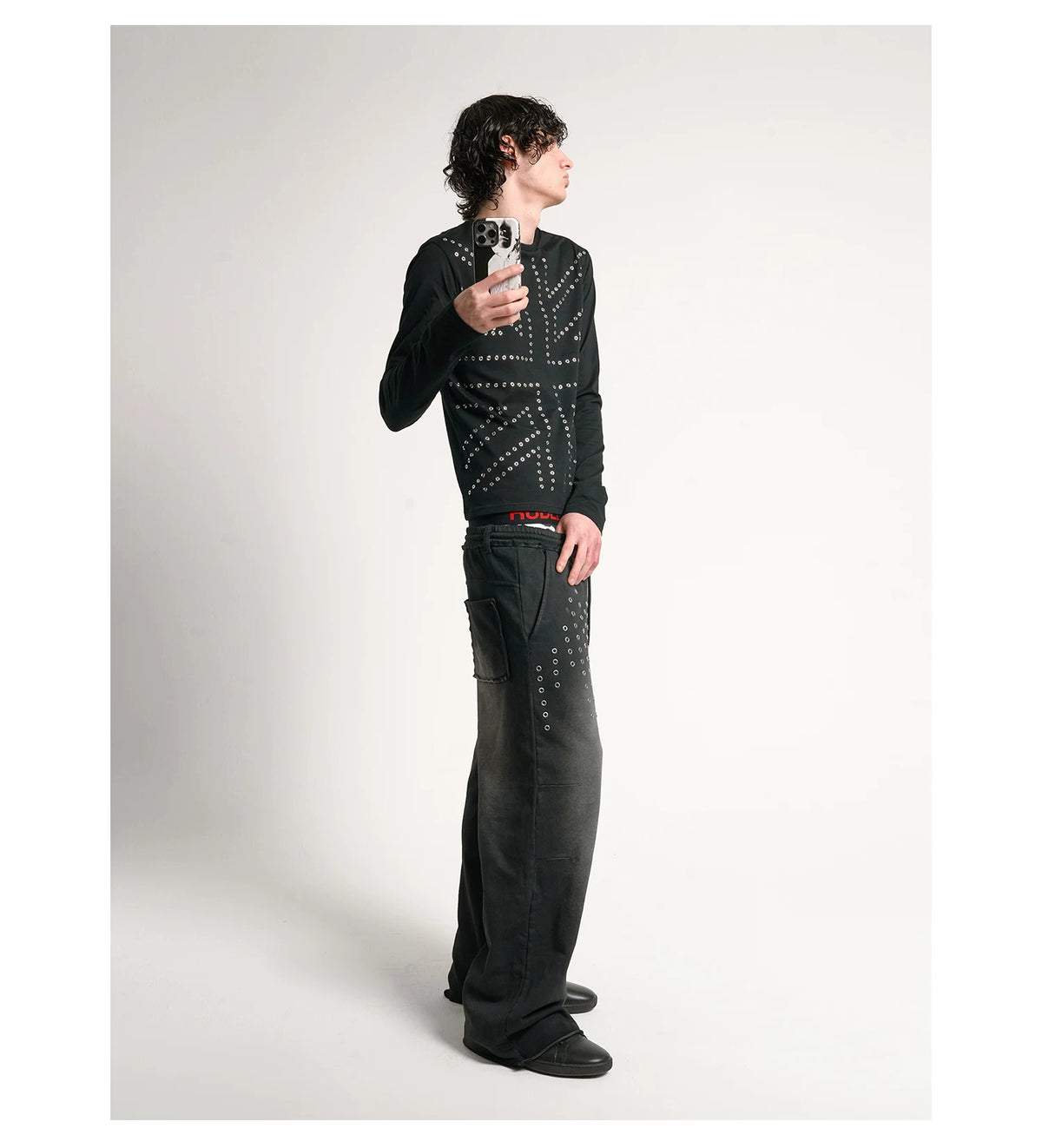 Silver Studded Union Jack Slim Long Sleeve Tee - Black full body side