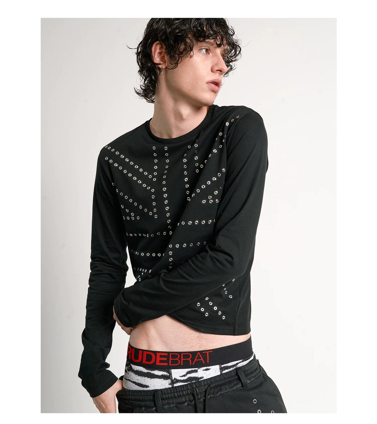 Silver Studded Union Jack Slim Long Sleeve Tee - Black front detail