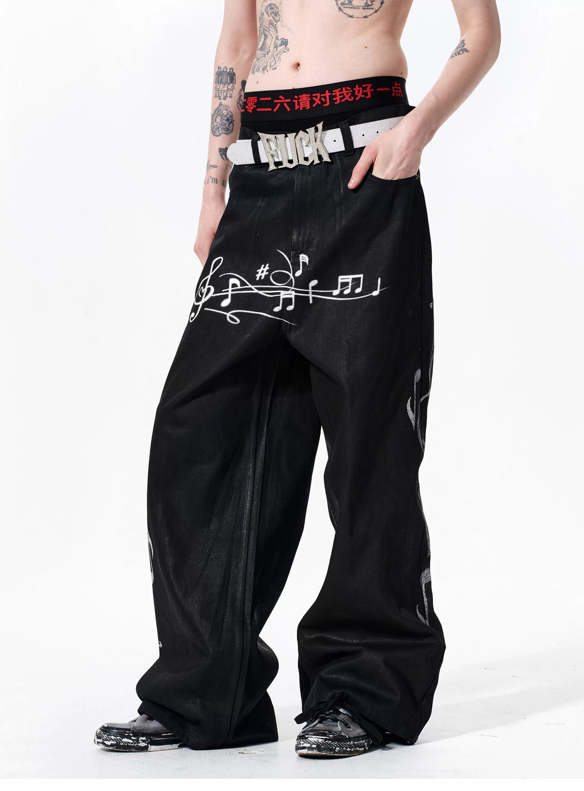 Fourth3ex Waxed Denim Music Note Print Straight Jeans - Black pocket detail