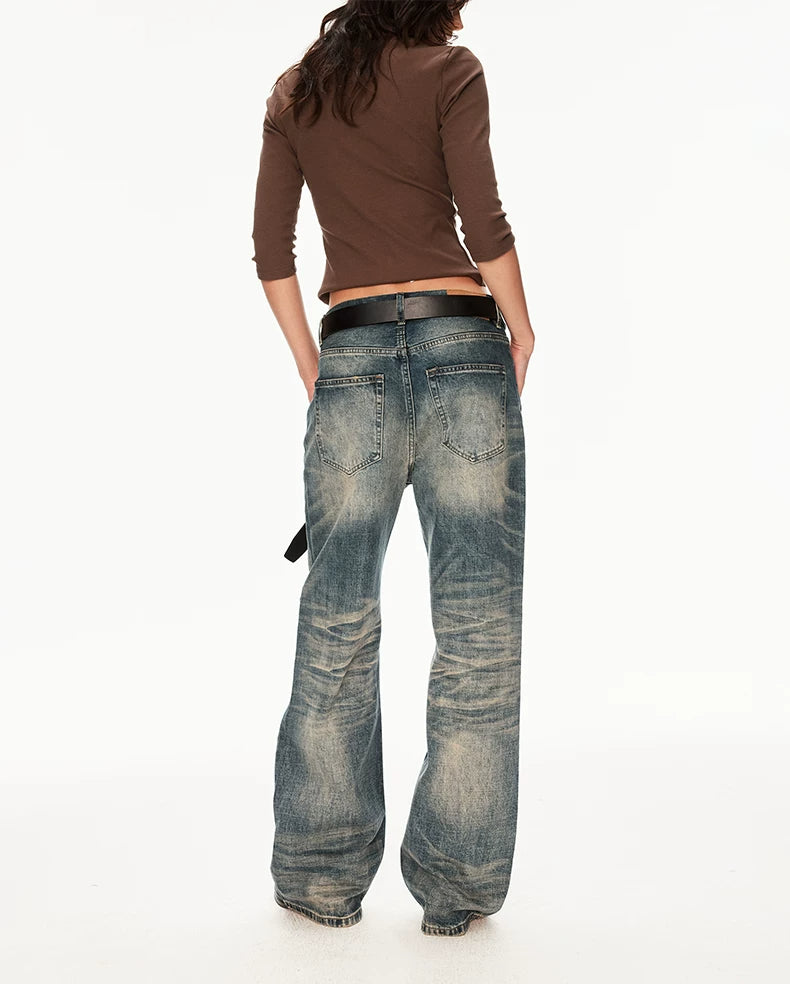 Vintage Wash Whiskered Distressed Straight Jeans - back full body