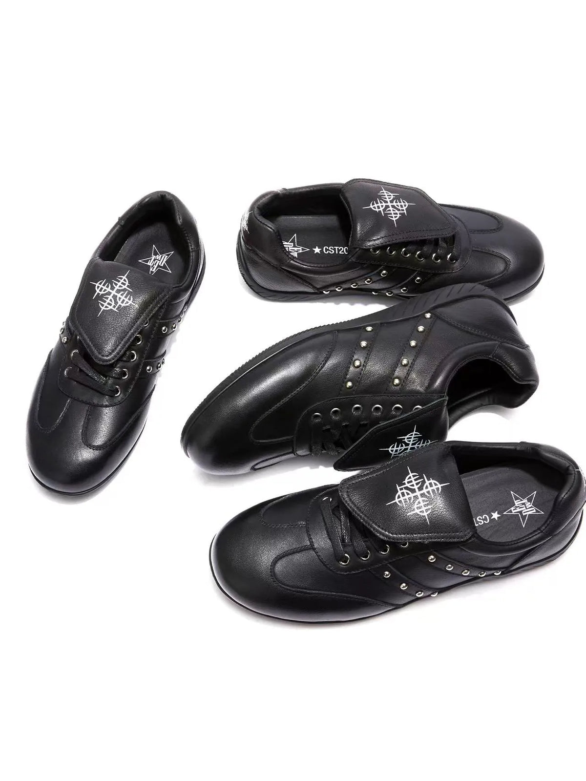 DETW Cross Flap Studded Leather Racing Sneakers - Black group shot