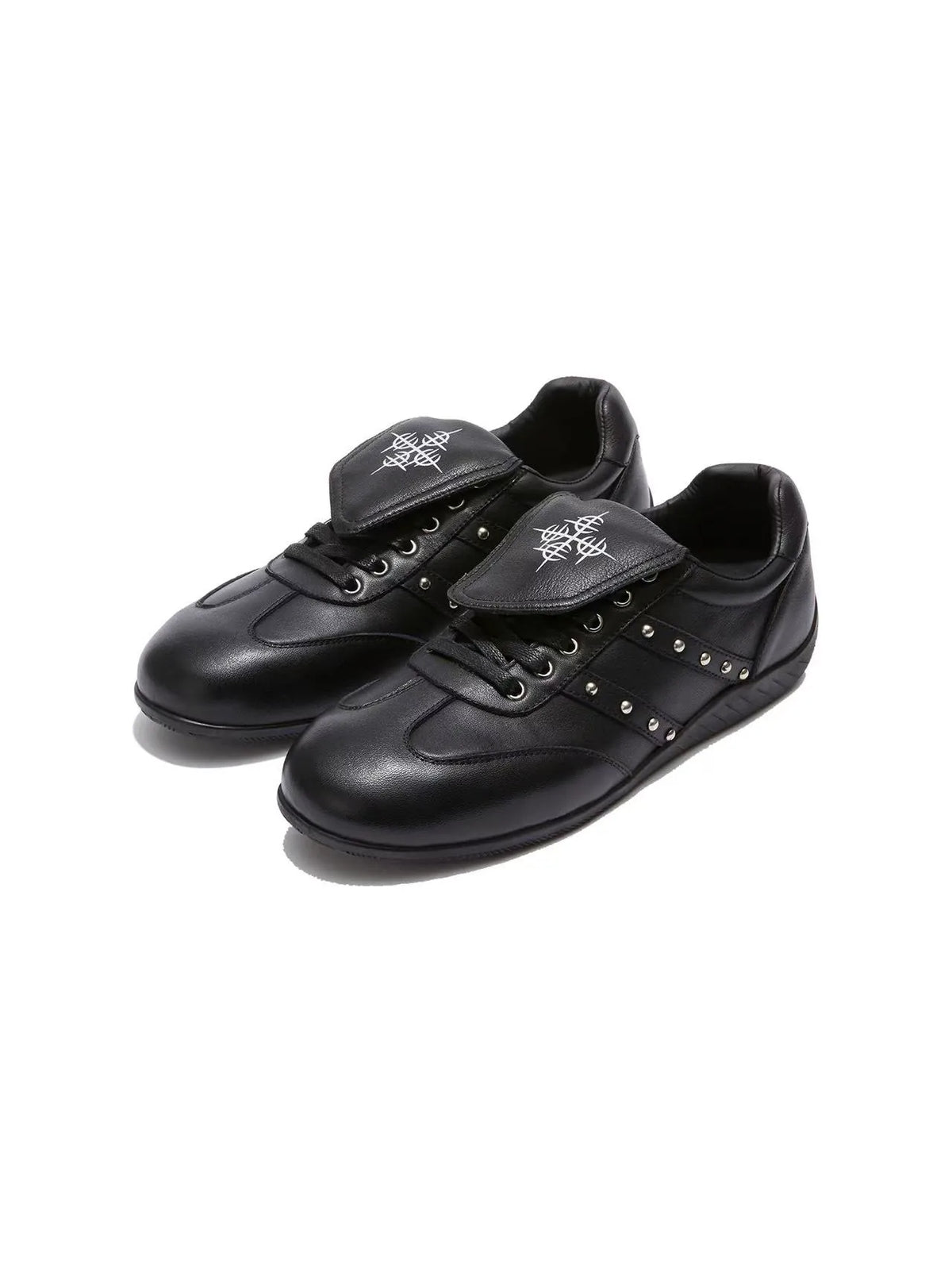 DETW Cross Flap Studded Leather Racing Sneakers - Black pair front angle