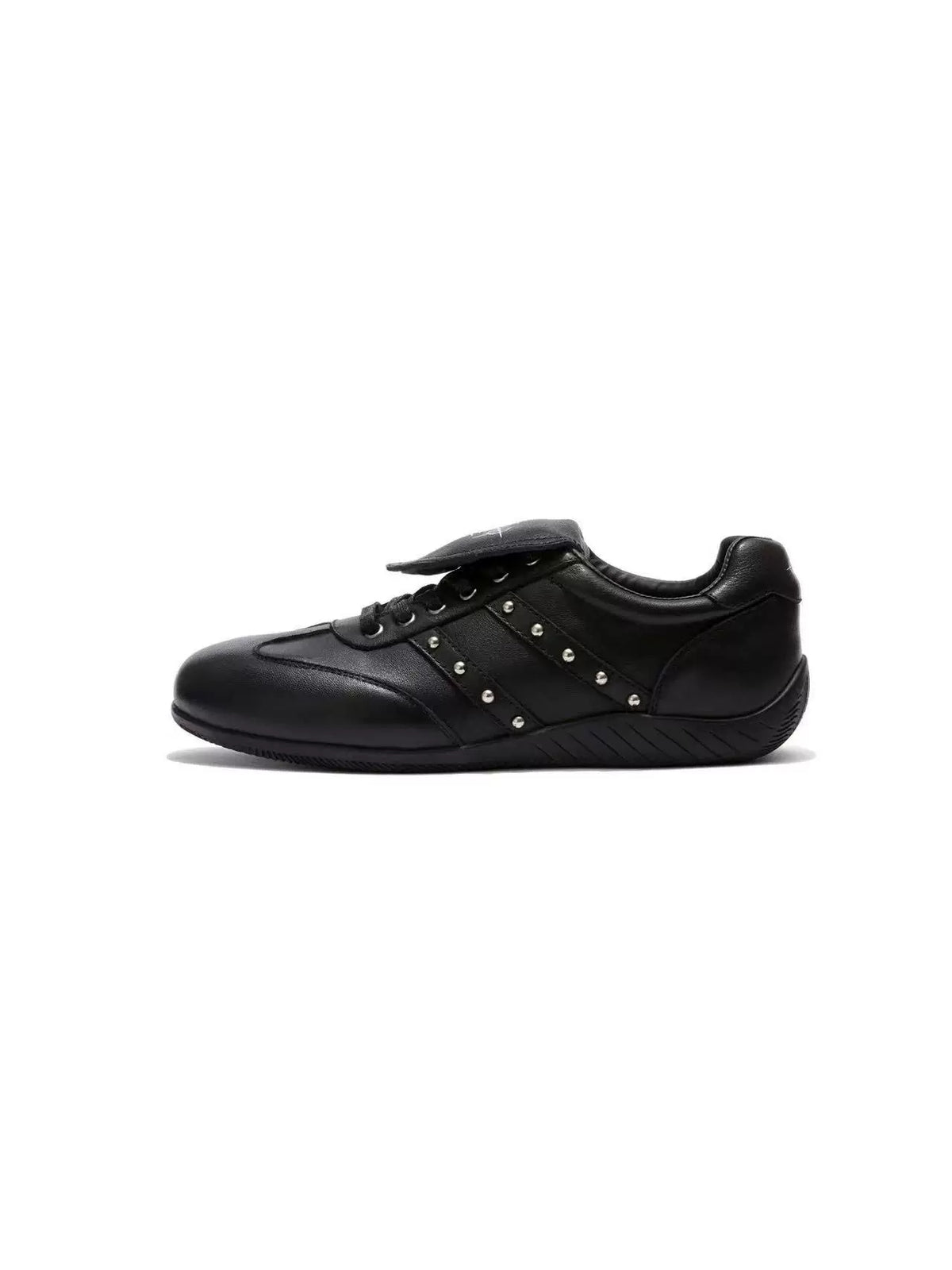 DETW Cross Flap Studded Leather Racing Sneakers - Black side profile