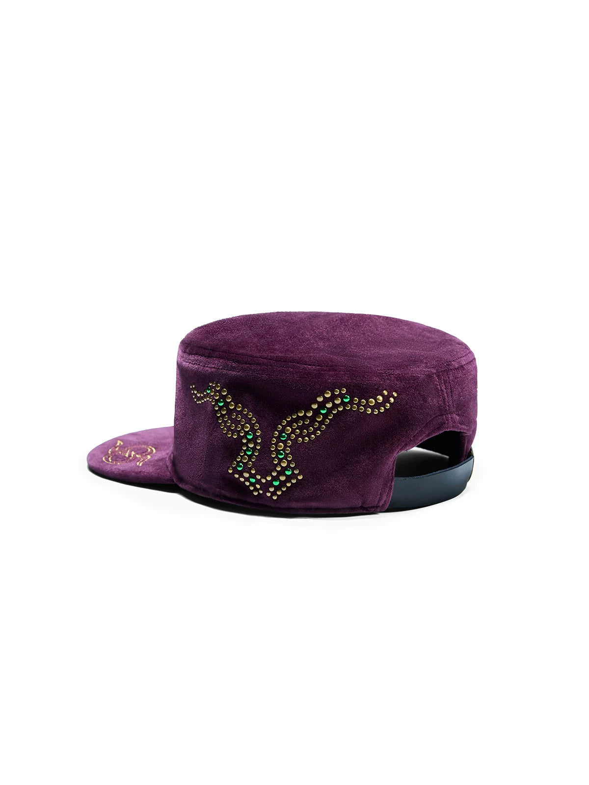 ZHABU XIAO Crown Crest Embroidered Velvet Cadet Cap - Wine side rhinestones