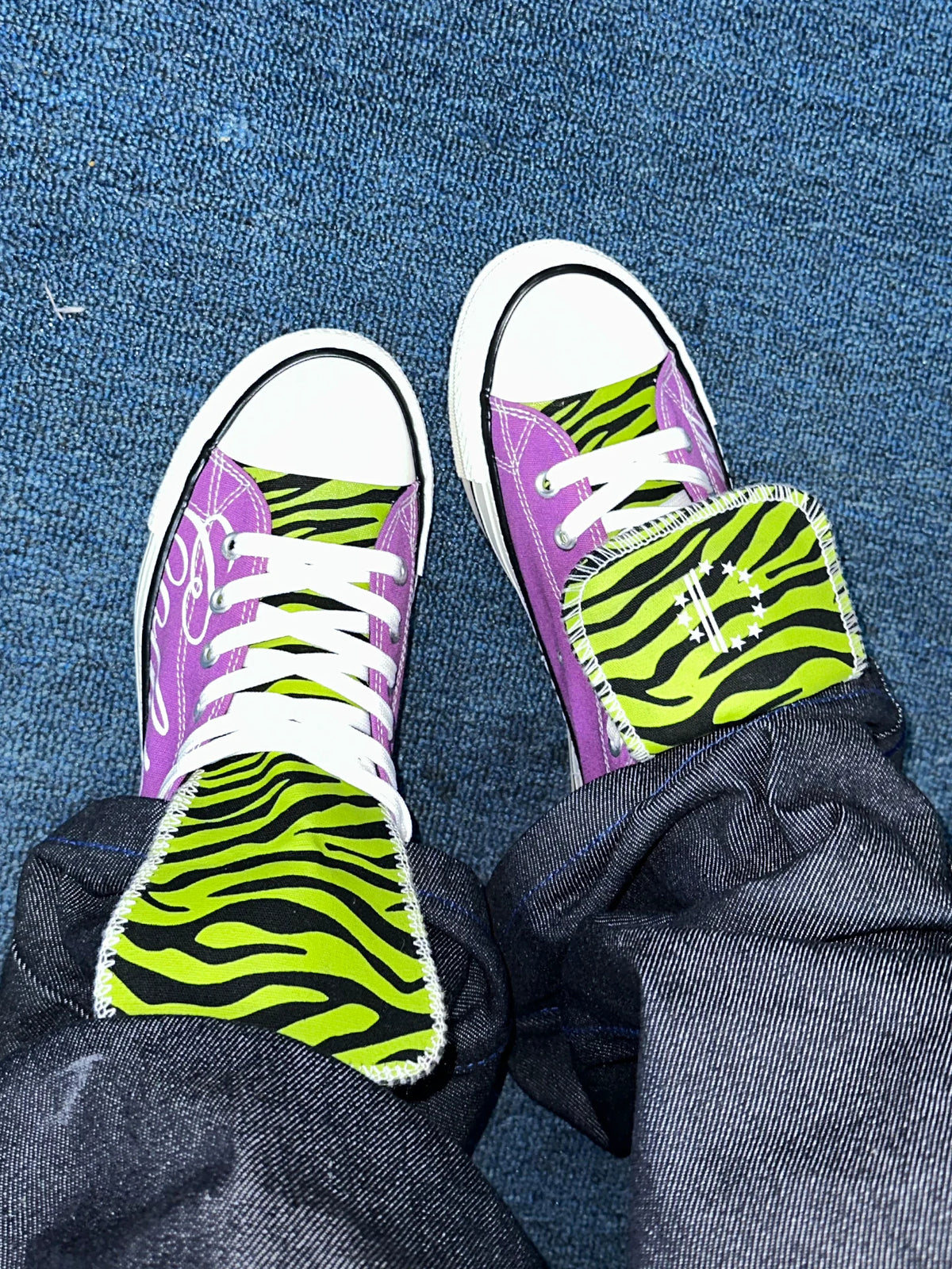 Zebra Tongue Script Skull Low-Top Canvas Sneakers - Purple on feet top view