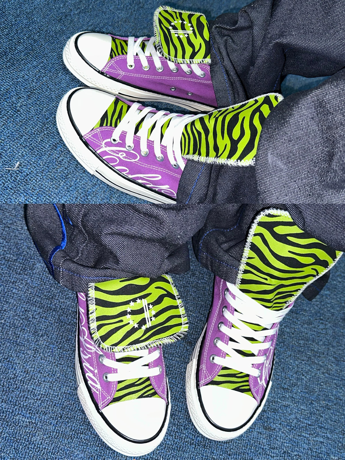Zebra Tongue Script Skull Low-Top Canvas Sneakers - Purple on feet close-up