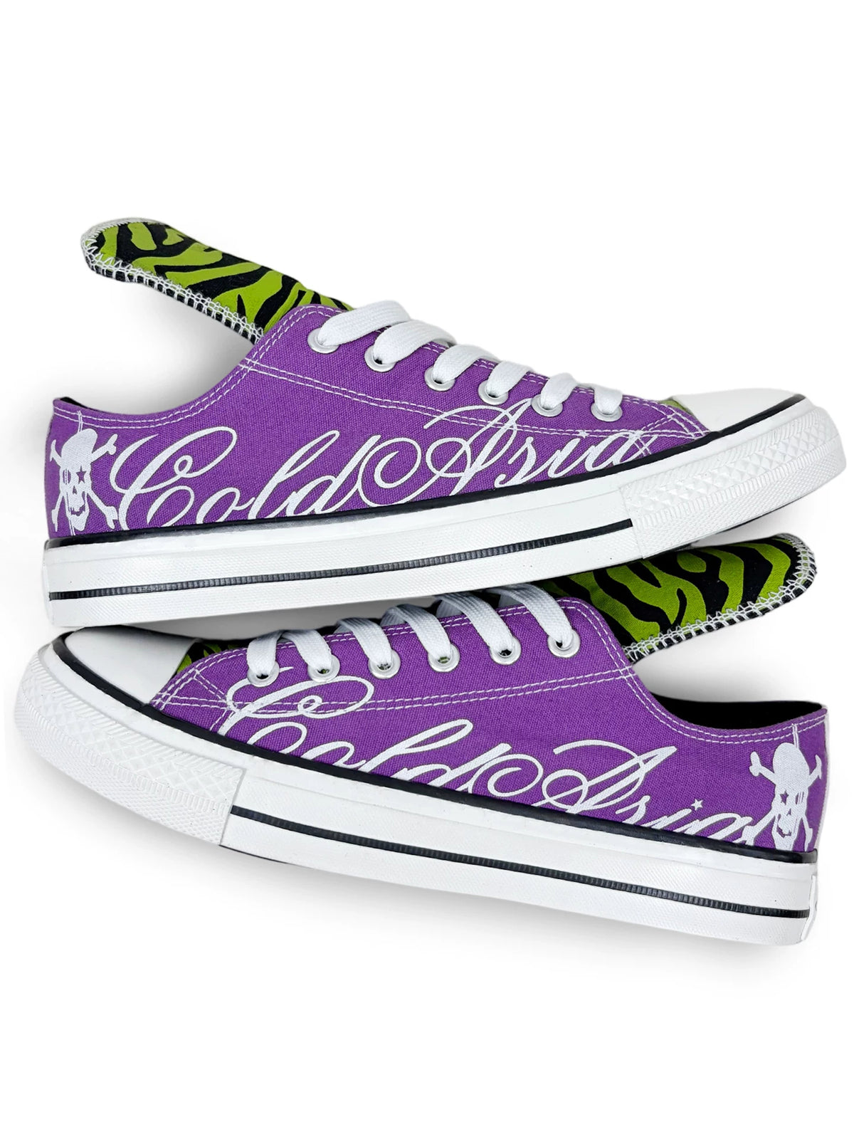 Zebra Tongue Script Skull Low-Top Canvas Sneakers - Purple side view pair