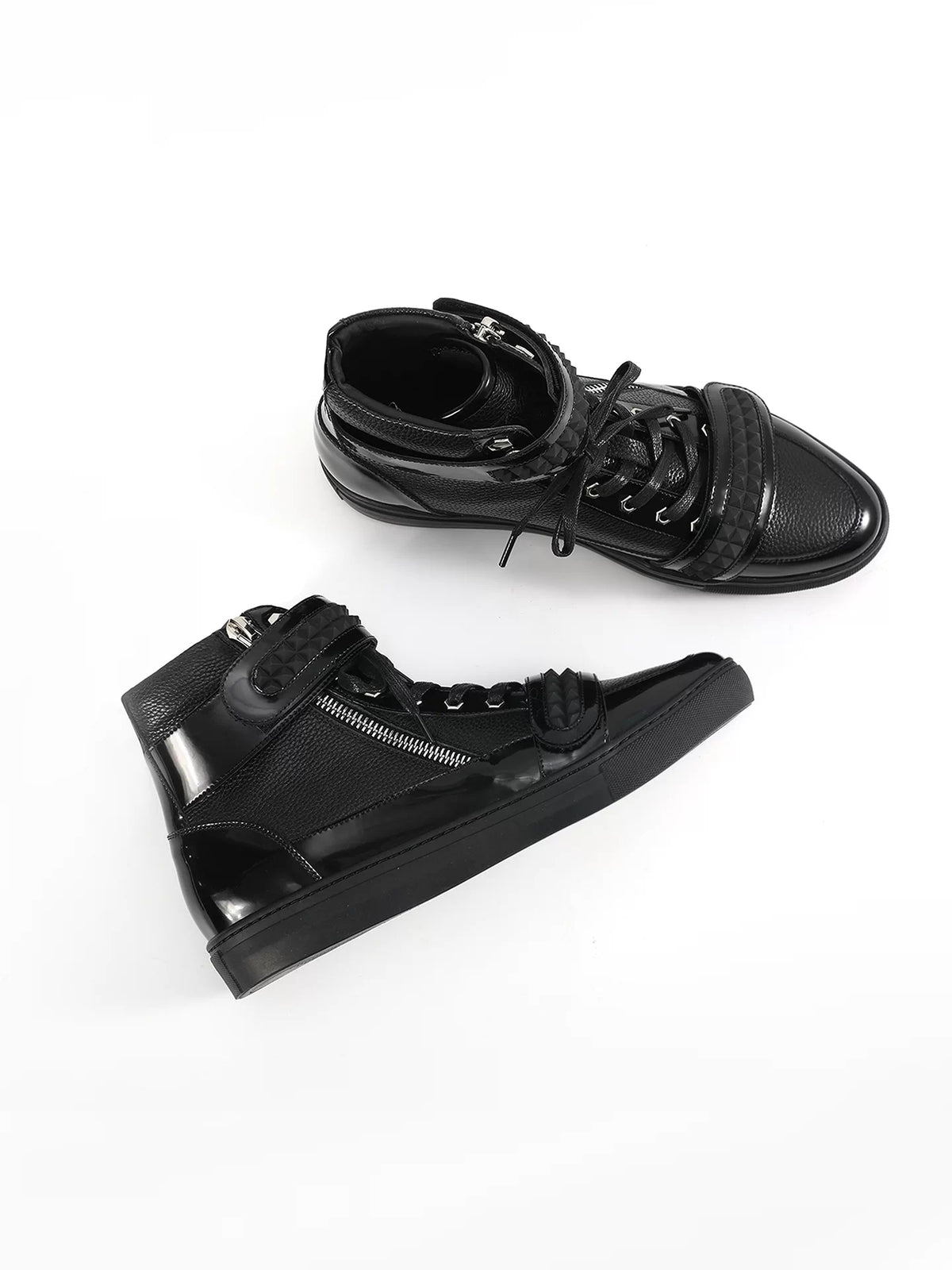 noEmosen Studded Velcro Patent Leather High-Top Sneakers - Black pair angled view