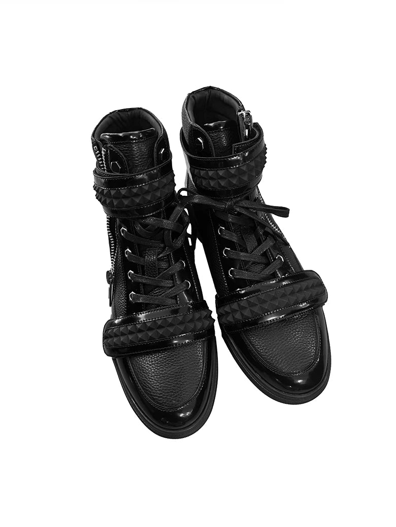 noEmosen Studded Velcro Patent Leather High-Top Sneakers - Black pair top view