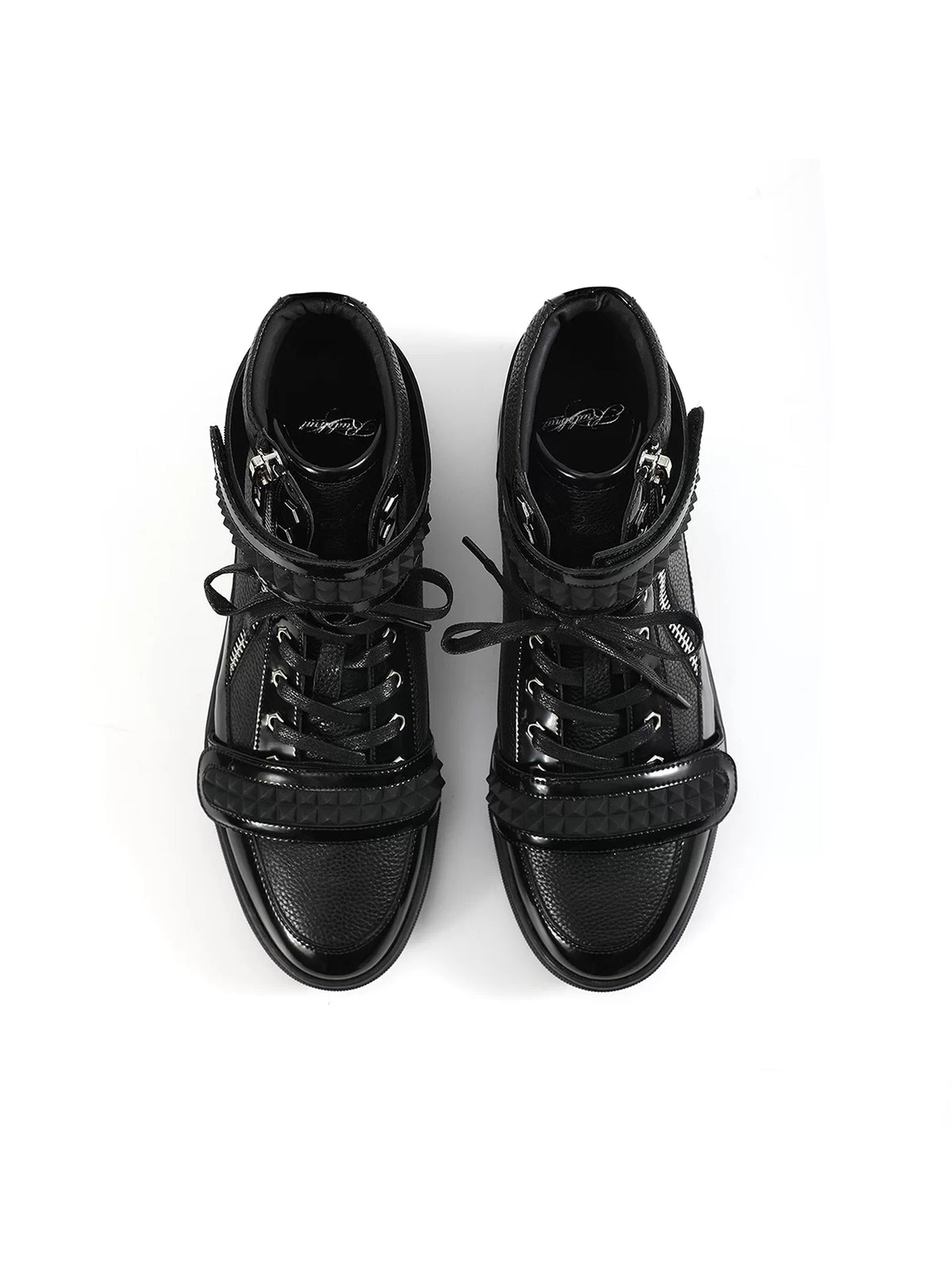 noEmosen Studded Velcro Patent Leather High-Top Sneakers - Black pair top view close