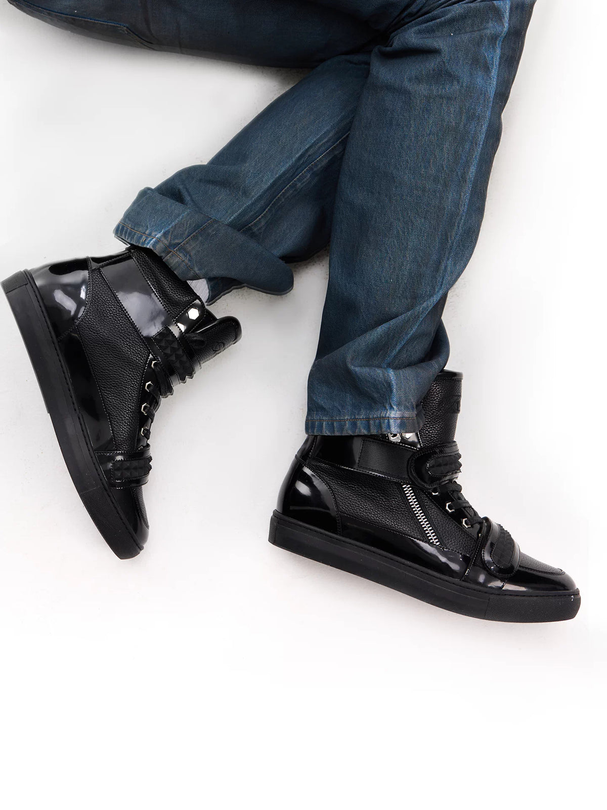 noEmosen Studded Velcro Patent Leather High-Top Sneakers - Black on-foot styling