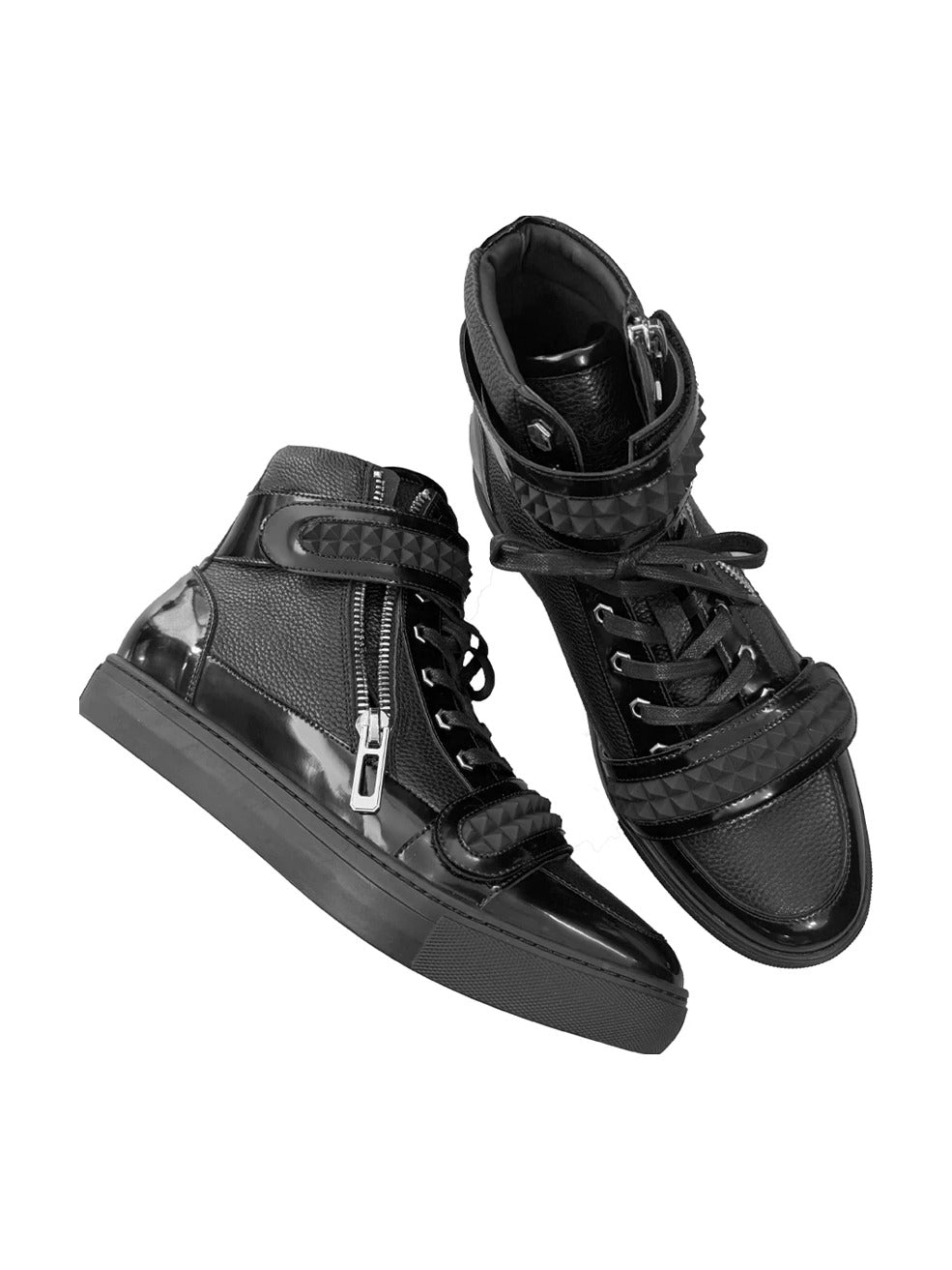 noEmosen Studded Velcro Patent Leather High-Top Sneakers - Black pair side angle