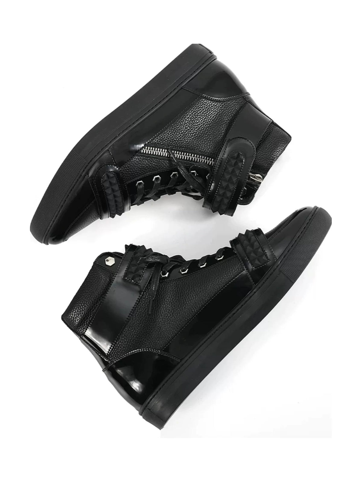 noEmosen Studded Velcro Patent Leather High-Top Sneakers - Black pair lying flat
