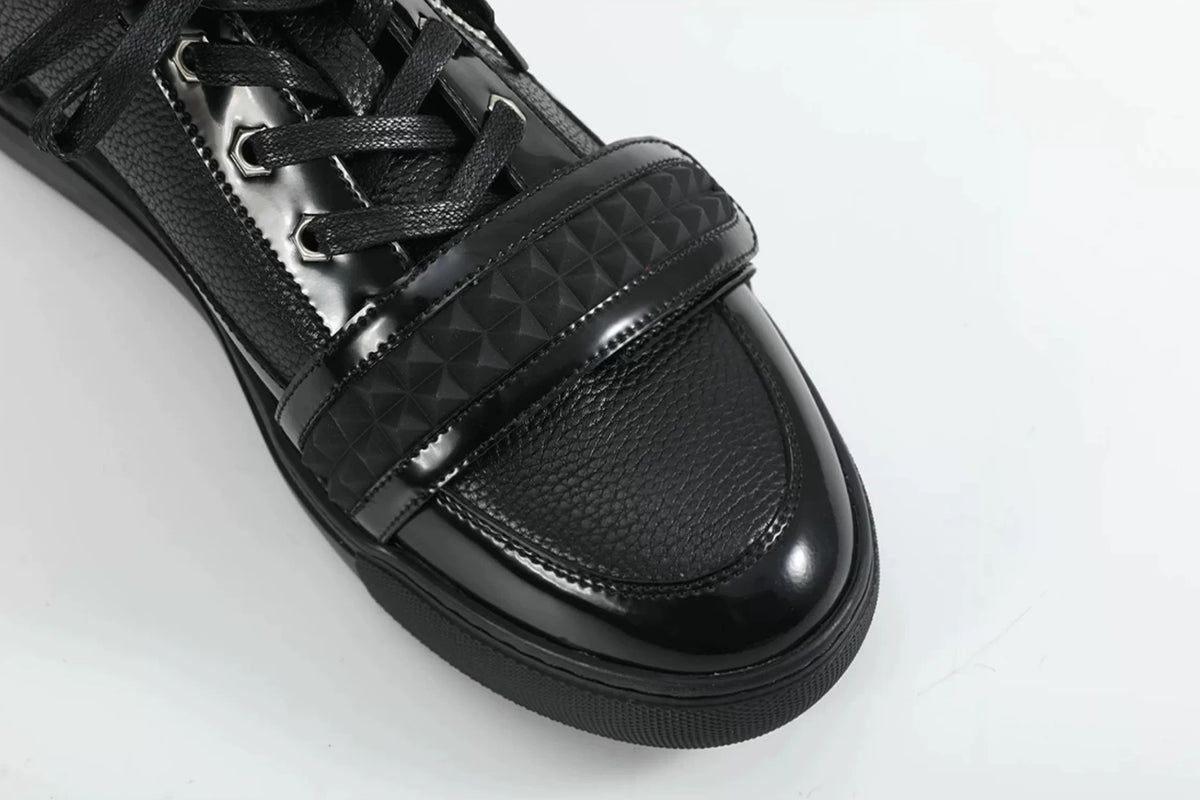 noEmosen Studded Velcro Patent Leather High-Top Sneakers - Black toe cap and stud strap detail