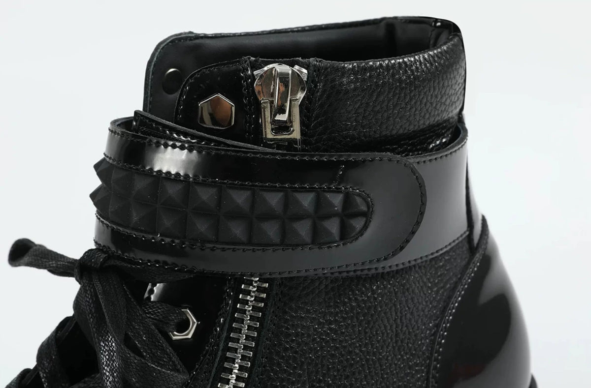 noEmosen Studded Velcro Patent Leather High-Top Sneakers - Black collar zip and velcro strap detail
