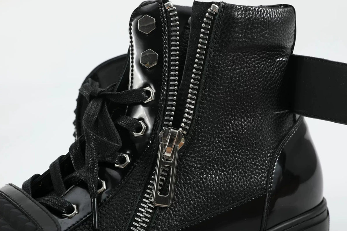 noEmosen Studded Velcro Patent Leather High-Top Sneakers - Black side zip detail