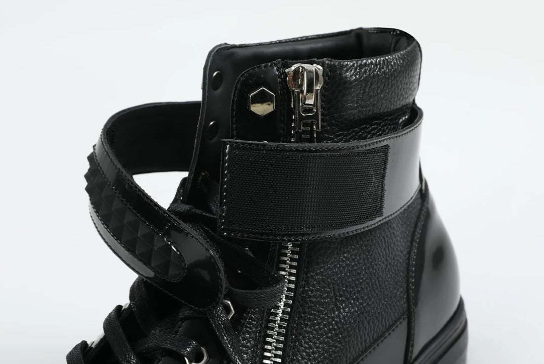 noEmosen Studded Velcro Patent Leather High-Top Sneakers - Black ankle strap open detail