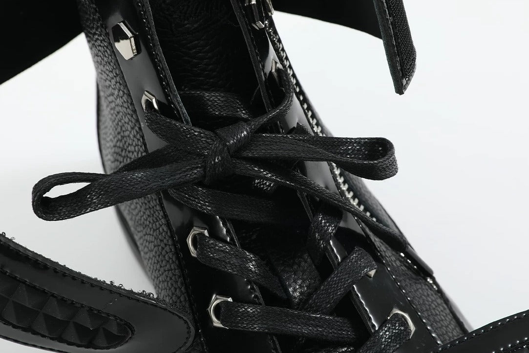 noEmosen Studded Velcro Patent Leather High-Top Sneakers - Black lacing and eyelet detail