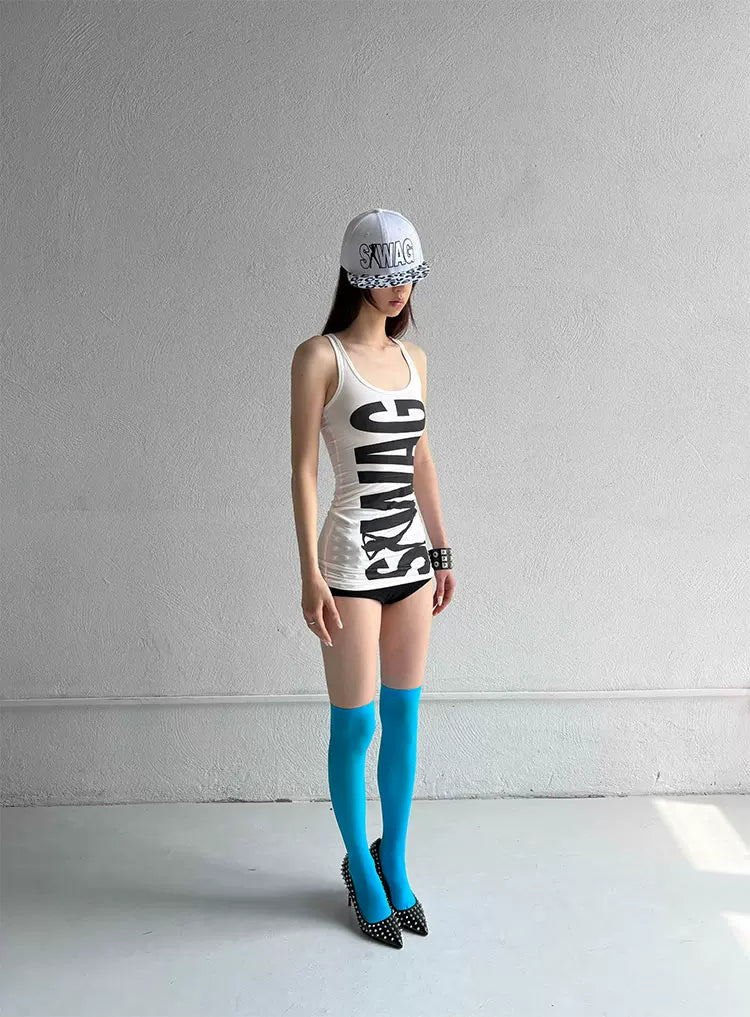 SWAG Print Racerback Tank Dress - White standing pose