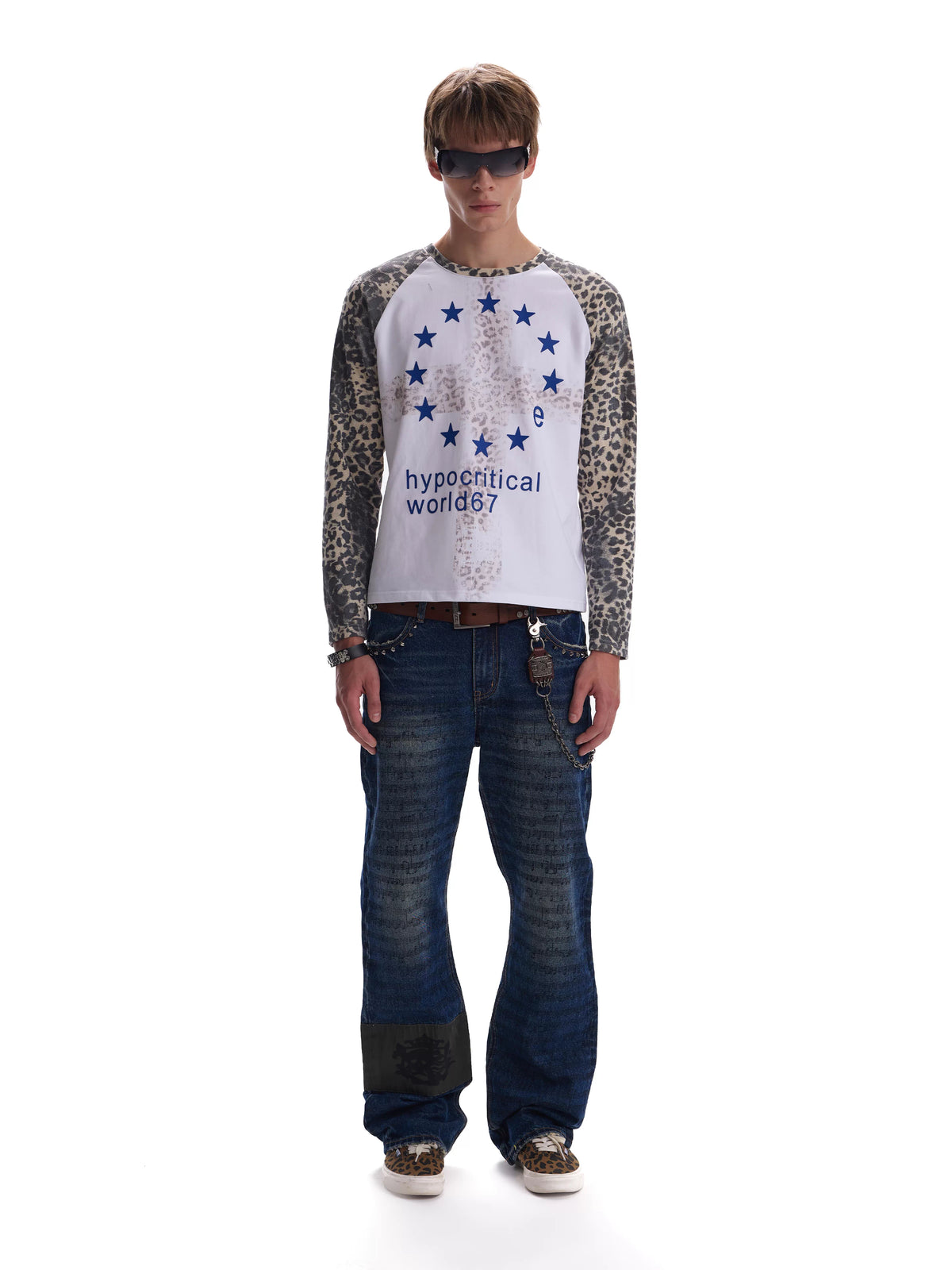 noEmosen Leopard Raglan Star Cross Long Sleeve Tee - Full-length front outfit